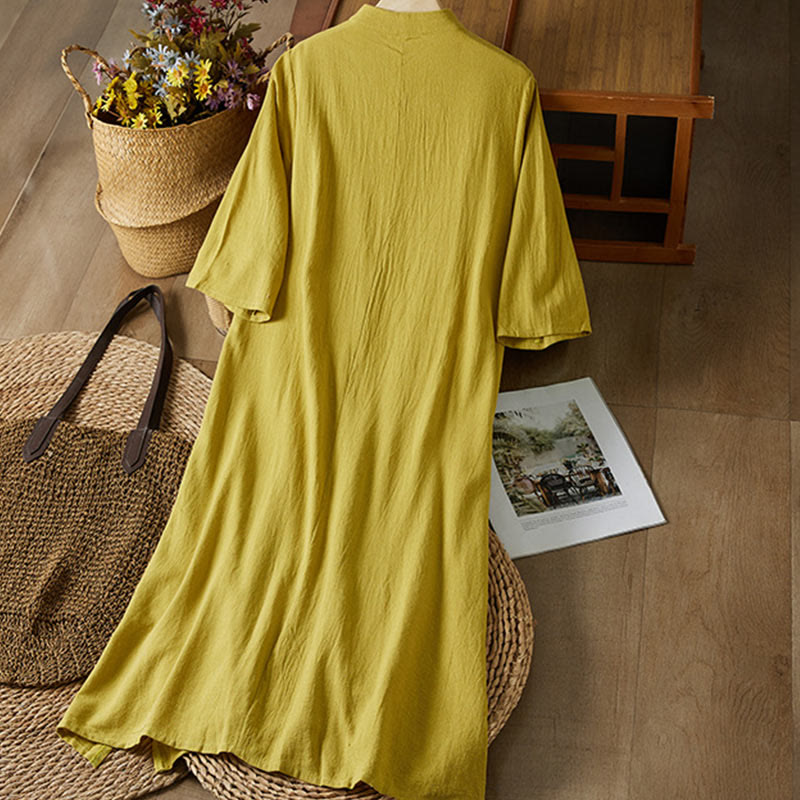 Vestido midi de algodón y lino para mujer, de cintura alta, con media manga y botones de rana y bordado vintage de Buddha Stones - image 1