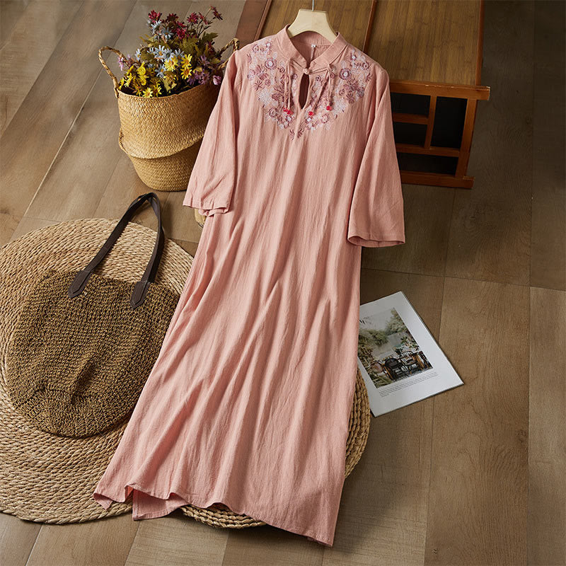 Vestido midi de algodón y lino para mujer, de cintura alta, con media manga y botones de rana y bordado vintage de Buddha Stones - Salmón oscuro - US16, UK/AU20, EU48 (5XL) - image 12