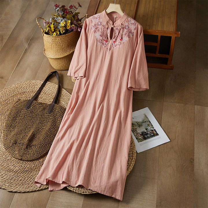 Vestido midi de algodón y lino para mujer, de cintura alta, con media manga y botones de rana y bordado vintage de Buddha Stones - Salmón oscuro - US16, UK/AU20, EU48 (5XL) - image 12
