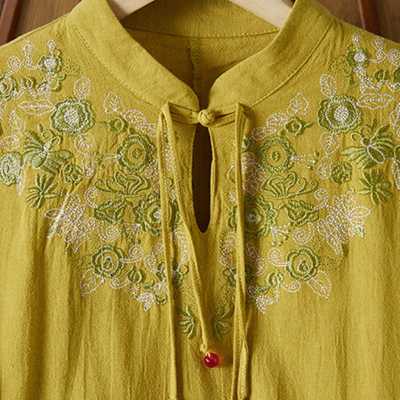 Vestido midi de algodón y lino para mujer, de cintura alta, con media manga y botones de rana y bordado vintage de Buddha Stones - image 2