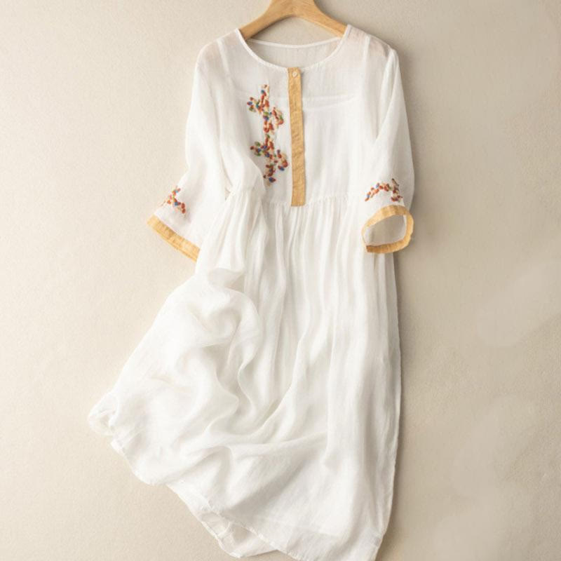 Vestido midi de Buddha Stones y lino con bordado étnico de primavera y media manga para mujer - Blanco - US8-10，UK/AU12-14，EU40-42 (2XL) - image 1