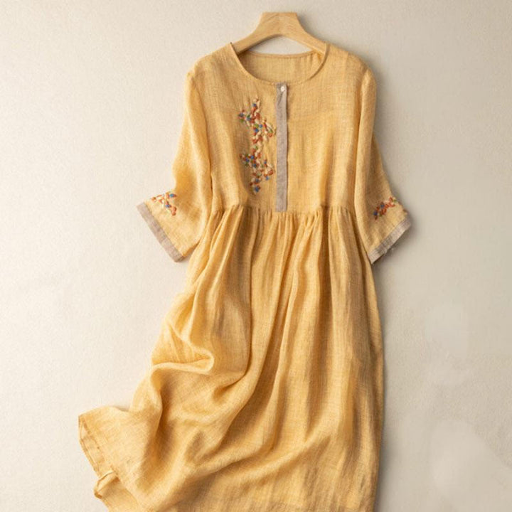 Vestido midi de manga corta para mujer con bordado étnico de Buddha Stones y estampado de primavera. - Oro - US8-10，UK/AU12-14，EU40-42 (2XL) - image 2