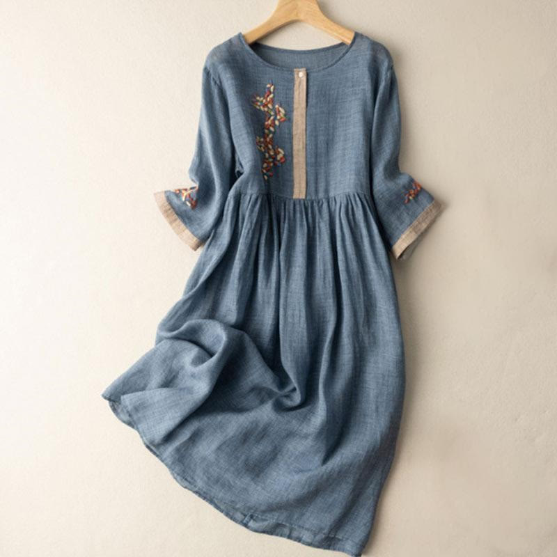 Vestido midi de manga corta para mujer con bordado étnico de Buddha Stones y estampado de primavera. - Azul acero - US8-10，UK/AU12-14，EU40-42 (2XL) - image 10