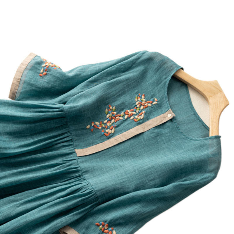 Vestido midi de Buddha Stones y lino con bordado étnico de primavera y media manga para mujer - image 9