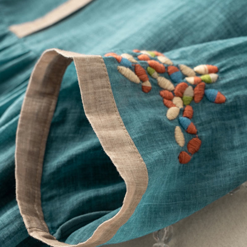 Vestido midi de Buddha Stones y lino con bordado étnico de primavera y media manga para mujer - image 7