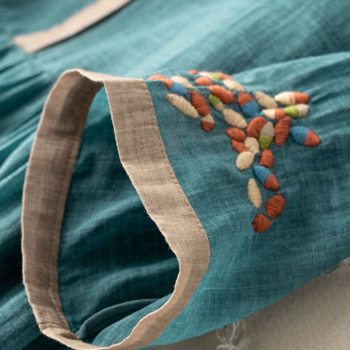 Vestido midi de Buddha Stones y lino con bordado étnico de primavera y media manga para mujer - image 7