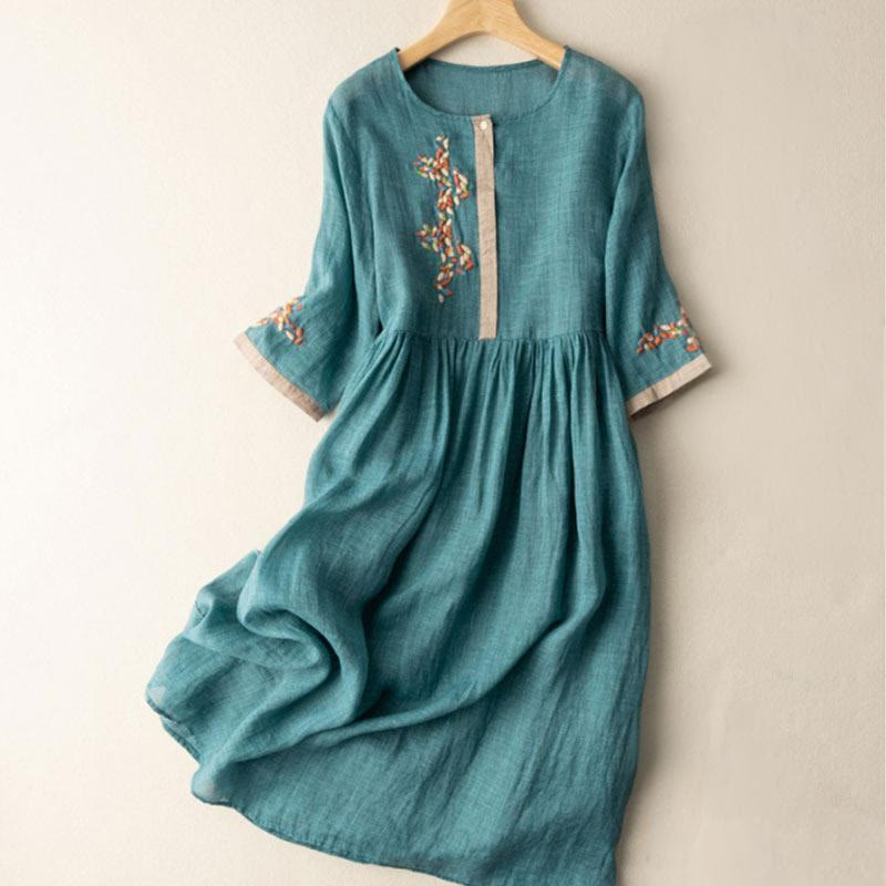Vestido midi de manga corta para mujer con bordado étnico de Buddha Stones y estampado de primavera. - Verde azulado - US8-10，UK/AU12-14，EU40-42 (2XL) - image 6