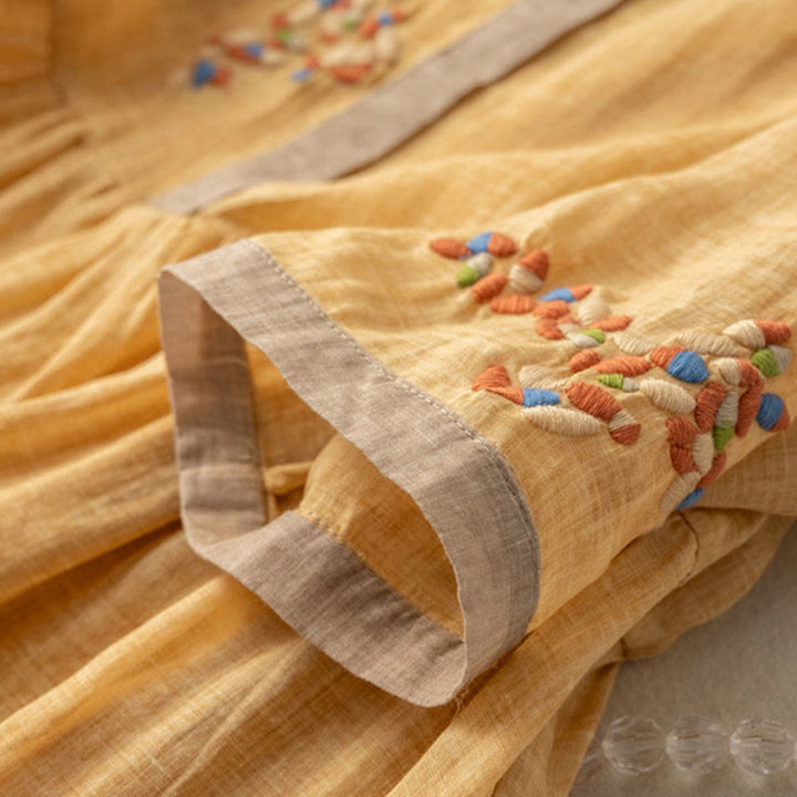 Vestido midi de Buddha Stones y lino con bordado étnico de primavera y media manga para mujer - image 4