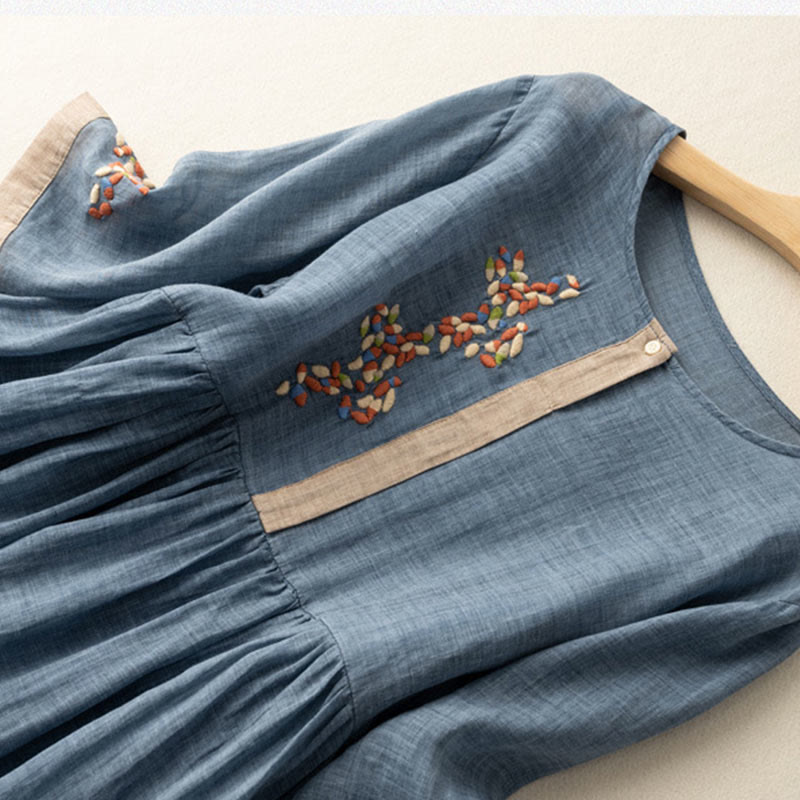 Vestido midi de Buddha Stones y lino con bordado étnico de primavera y media manga para mujer - image 11