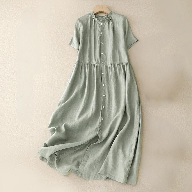 Vestido midi informal de lino y algodón con cuello redondo, volantes y botones, manga corta, para mujer, de Buddha Stones - Verde claro - US14，UK/AU18，EU46 (2XL) - image 0