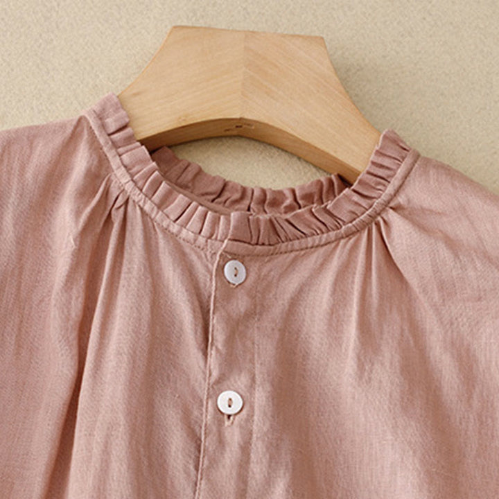 Vestido midi informal de lino y algodón con cuello redondo, volantes y botones, manga corta, para mujer, de Buddha Stones - image 16