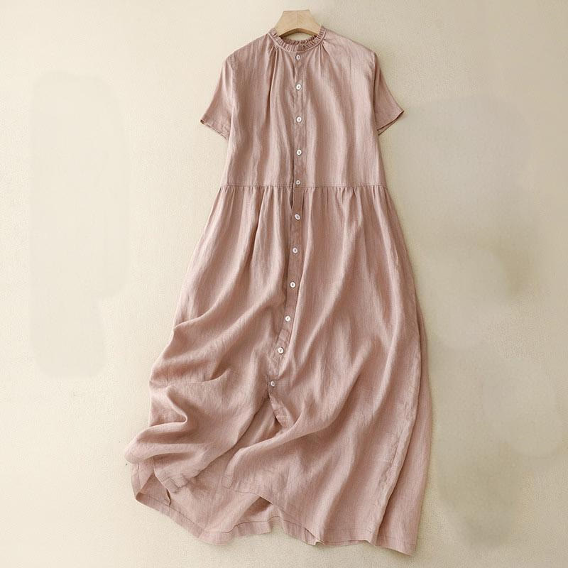 Vestido midi informal de lino y algodón con cuello redondo, volantes y botones, manga corta, para mujer, de Buddha Stones - Rosa claro - US8-10，UK/AU12-14，EU40-42 (2XL) - image 15