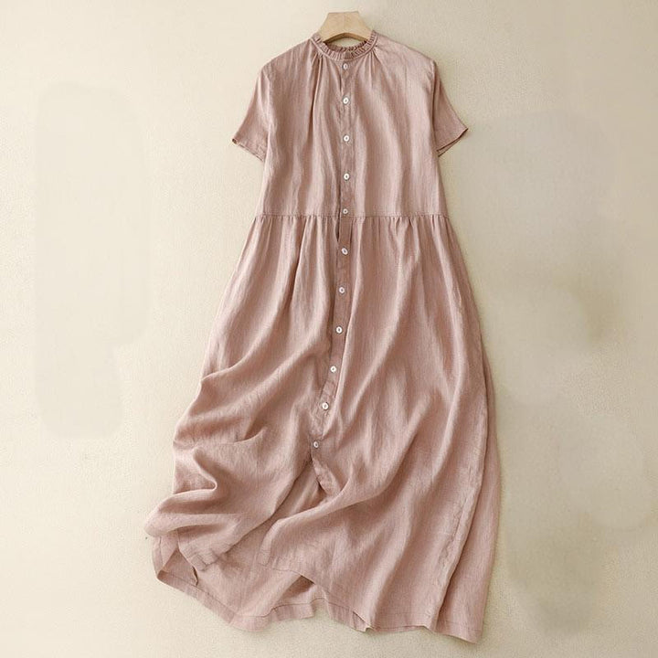 Vestido midi informal de lino y algodón con cuello redondo, volantes y botones, manga corta, para mujer, de Buddha Stones - Rosa claro - US8-10，UK/AU12-14，EU40-42 (2XL) - image 15