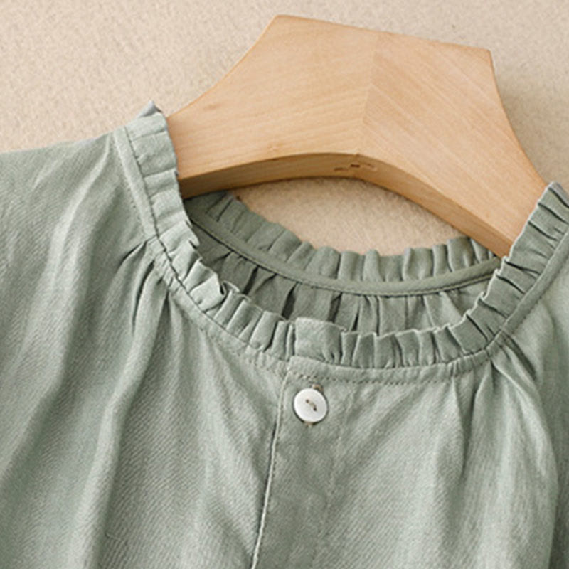 Vestido midi informal de lino y algodón con cuello redondo, volantes y botones, manga corta, para mujer, de Buddha Stones - image 3