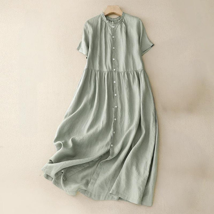 Vestido midi informal de lino y algodón con cuello redondo, volantes y botones, manga corta, para mujer, de Buddha Stones - Verde claro - US14，UK/AU18，EU46 (2XL) - image 0