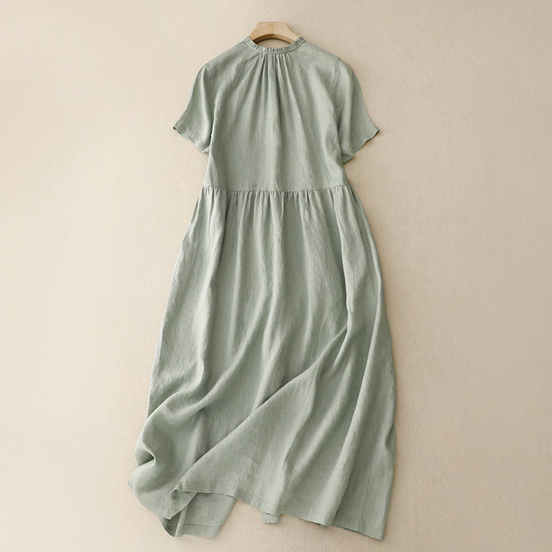Vestido midi informal de lino y algodón con cuello redondo, volantes y botones, manga corta, para mujer, de Buddha Stones - image 2