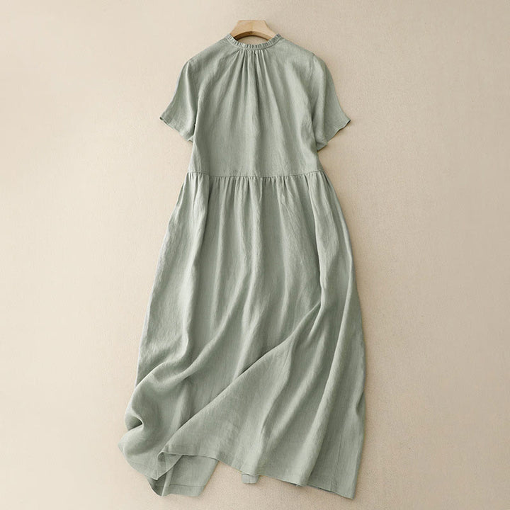 Vestido midi informal de lino y algodón con cuello redondo, volantes y botones, manga corta, para mujer, de Buddha Stones - image 2