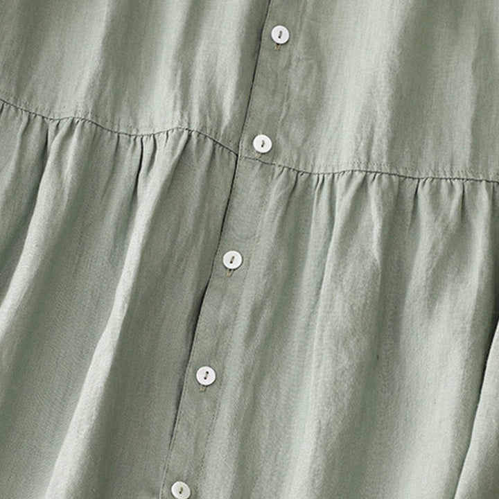 Vestido midi informal de lino y algodón con cuello redondo, volantes y botones, manga corta, para mujer, de Buddha Stones - image 6