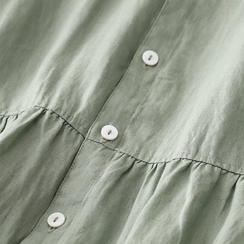Vestido midi informal de lino y algodón con cuello redondo, volantes y botones, manga corta, para mujer, de Buddha Stones - image 4
