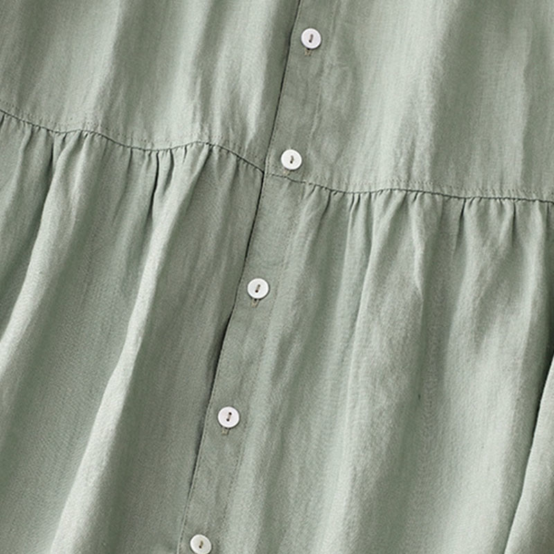 Vestido midi informal de lino y algodón con cuello redondo, volantes y botones, manga corta, para mujer, de Buddha Stones - image 5