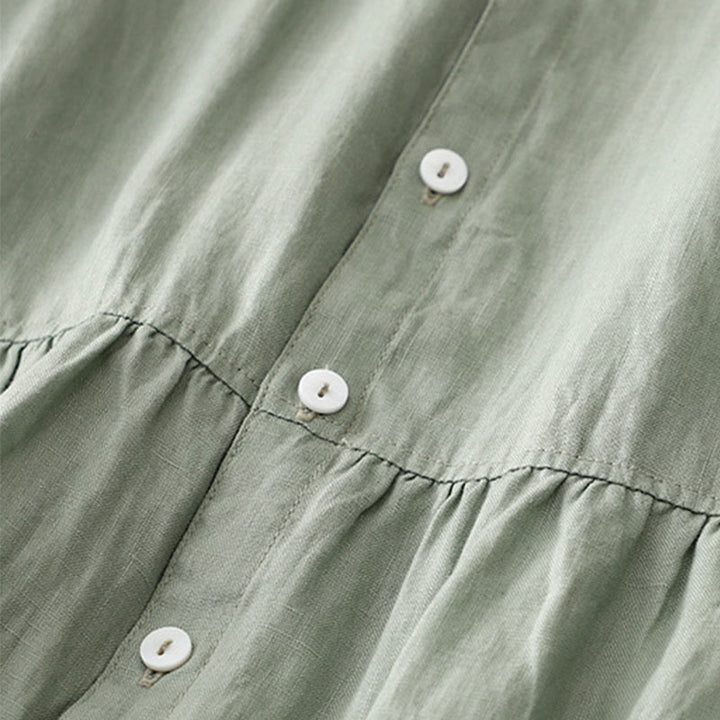 Vestido midi informal de lino y algodón con cuello redondo, volantes y botones, manga corta, para mujer, de Buddha Stones - image 4
