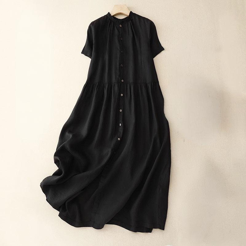 Vestido midi informal de lino y algodón con cuello redondo, volantes y botones, manga corta, para mujer, de Buddha Stones - Negro - US14，UK/AU18，EU46 (2XL) - image 10