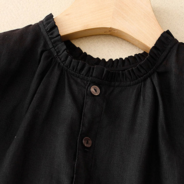 Vestido midi informal de lino y algodón con cuello redondo, volantes y botones, manga corta, para mujer, de Buddha Stones - image 11