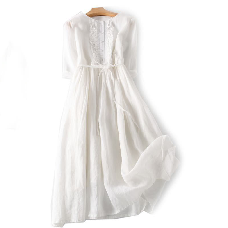 Vestido midi informal con volantes, manga corta, cordones y bolsillos para mujer de Buddha Stones - Blanco - US8-10，UK/AU12-14，EU40-42 (2XL) - image 14