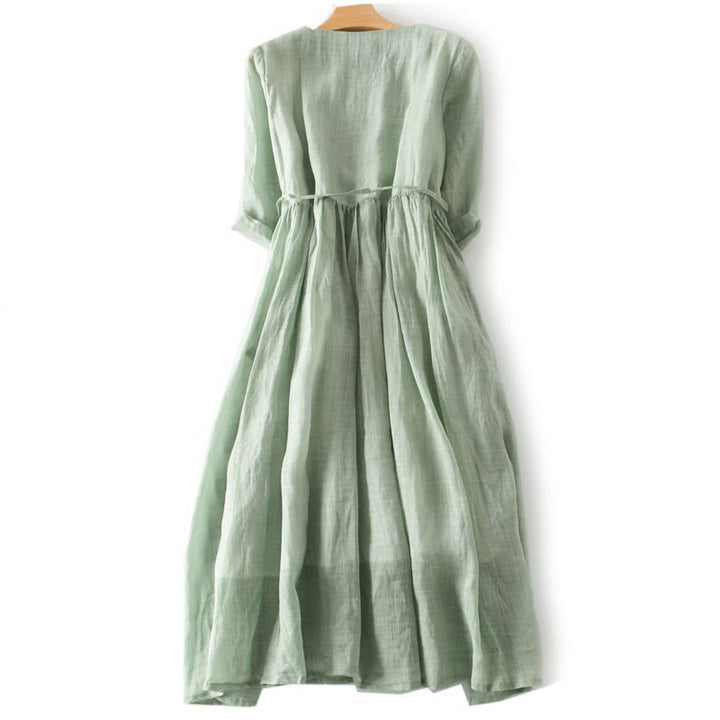 Vestido midi informal con volantes, manga corta, cordones y bolsillos para mujer de Buddha Stones - image 1