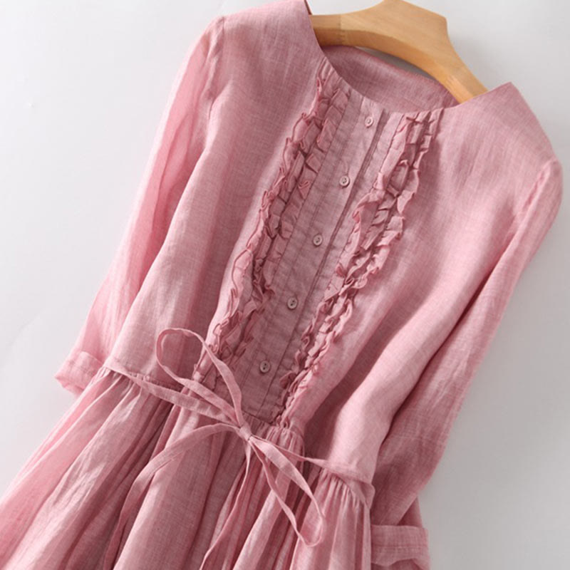 Vestido midi informal con volantes, manga corta, cordones y bolsillos para mujer de Buddha Stones - image 9