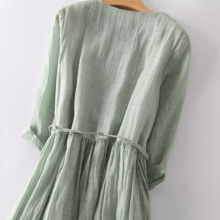 Vestido midi informal con volantes, manga corta, cordones y bolsillos para mujer de Buddha Stones - image 3