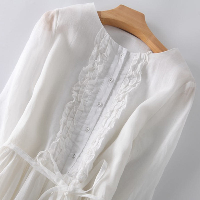 Vestido midi informal con volantes, manga corta, cordones y bolsillos para mujer de Buddha Stones - image 15