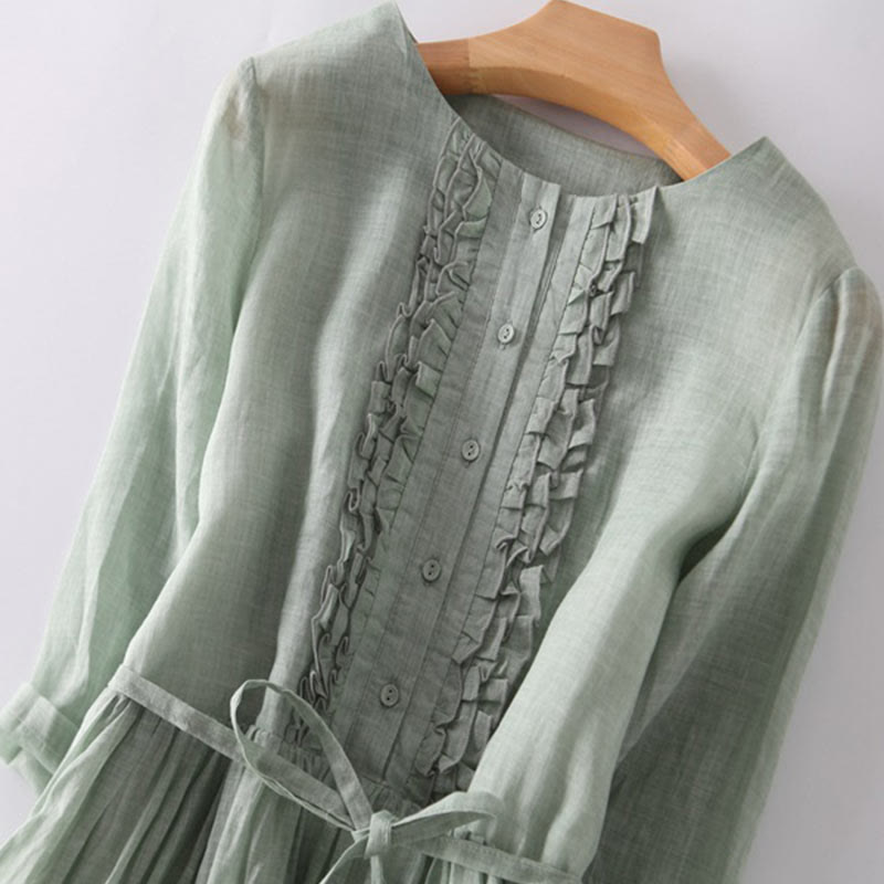 Vestido midi informal con volantes, manga corta, cordones y bolsillos para mujer de Buddha Stones - image 2