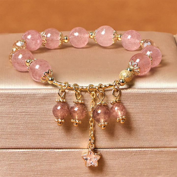 Pulsera de cuarzo fresa natural con trébol de cuatro hojas y estrella positiva de Buddha Stones
