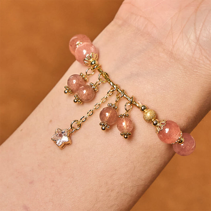 Pulsera de cuarzo fresa natural con trébol de cuatro hojas y estrella positiva de Buddha Stones