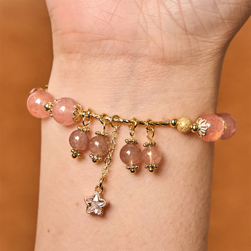 Pulsera de cuarzo fresa natural con trébol de cuatro hojas y estrella positiva de Buddha Stones