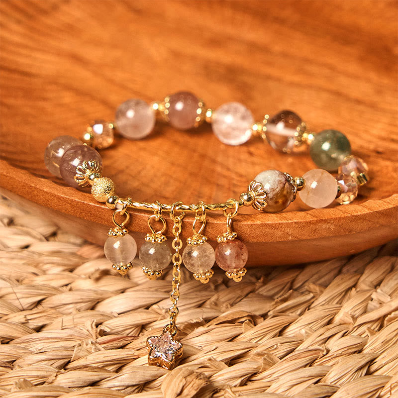 Pulsera de auspiciosidad con trébol de cuatro hojas y estrella de cuarzo rutilado amarillo de color natural de Buddha Stones