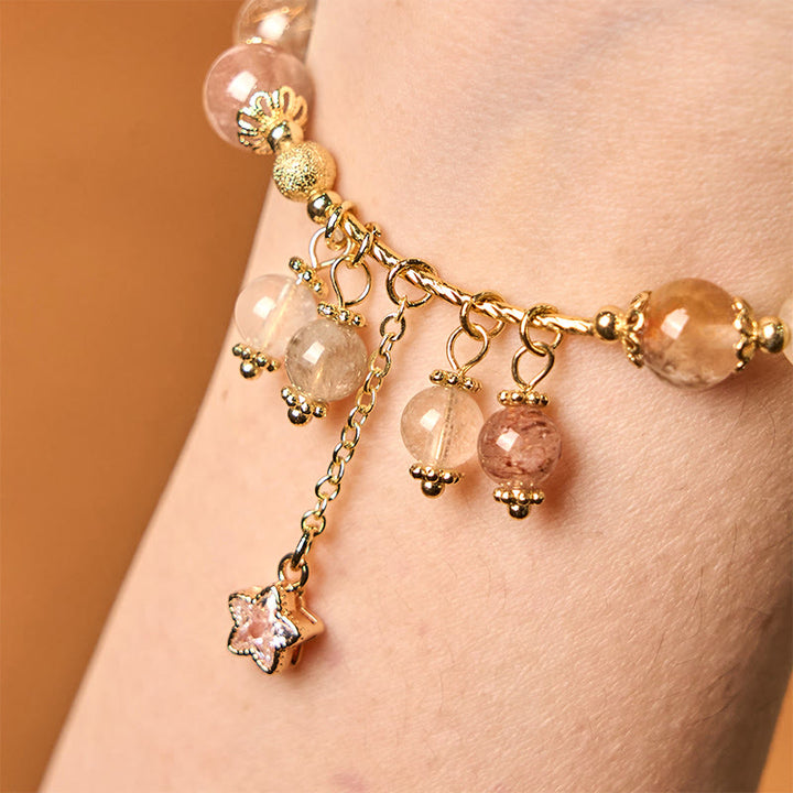 Pulsera de auspiciosidad con trébol de cuatro hojas y estrella de cuarzo rutilado amarillo de color natural de Buddha Stones