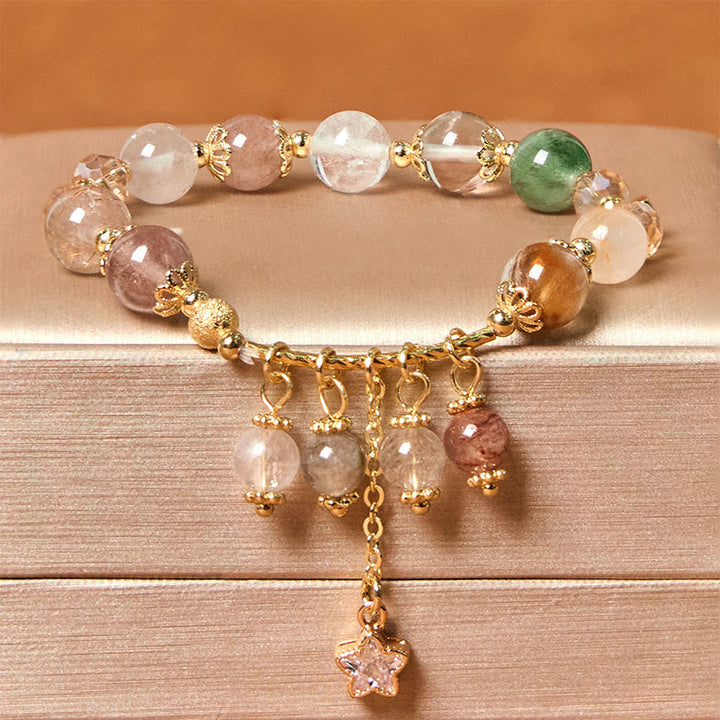 Pulsera de auspiciosidad con trébol de cuatro hojas y estrella de cuarzo rutilado amarillo de color natural de Buddha Stones