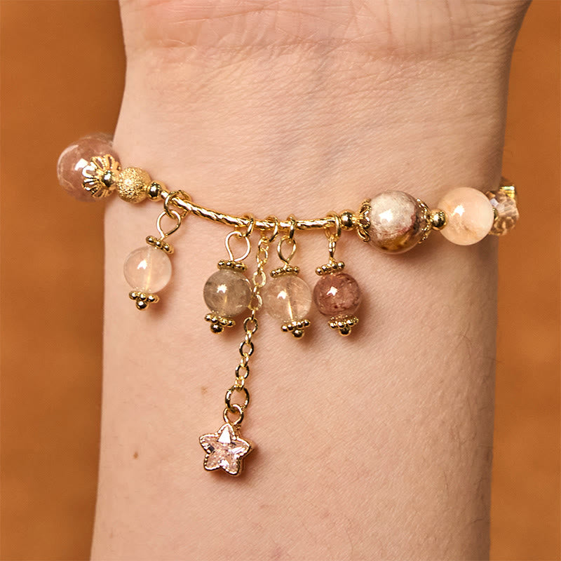 Pulsera de auspiciosidad con trébol de cuatro hojas y estrella de cuarzo rutilado amarillo de color natural de Buddha Stones