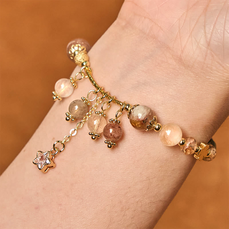 Pulsera de auspiciosidad con trébol de cuatro hojas y estrella de cuarzo rutilado amarillo de color natural de Buddha Stones