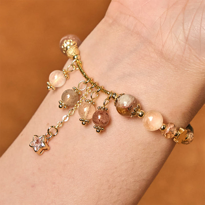 Pulsera de auspiciosidad con trébol de cuatro hojas y estrella de cuarzo rutilado amarillo de color natural de Buddha Stones