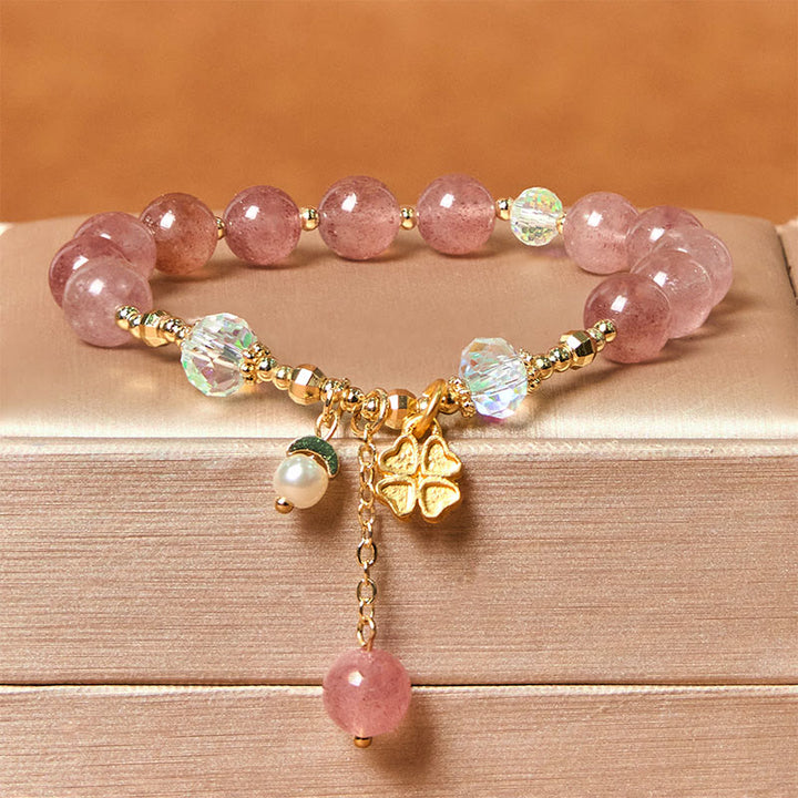 Pulsera curativa de trébol de cuatro hojas con cuarzo fresa natural de Buddha Stones