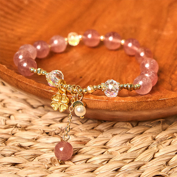 Pulsera curativa de trébol de cuatro hojas con cuarzo fresa natural de Buddha Stones