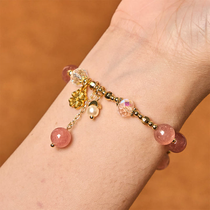 Pulsera curativa de trébol de cuatro hojas con cuarzo fresa natural de Buddha Stones