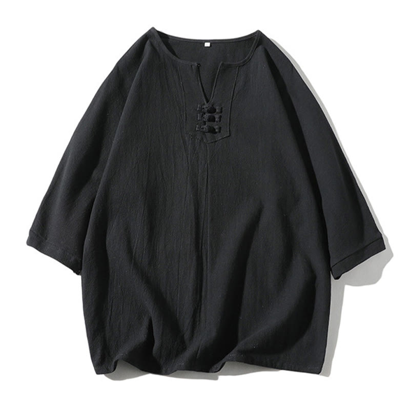 Conjunto de 2 Buddha Stones de camiseta con cuello entallado y pantalones cortos anchos de 7-8 pulgadas con bolsillos, de algodón y lino, para meditación de hombre.
