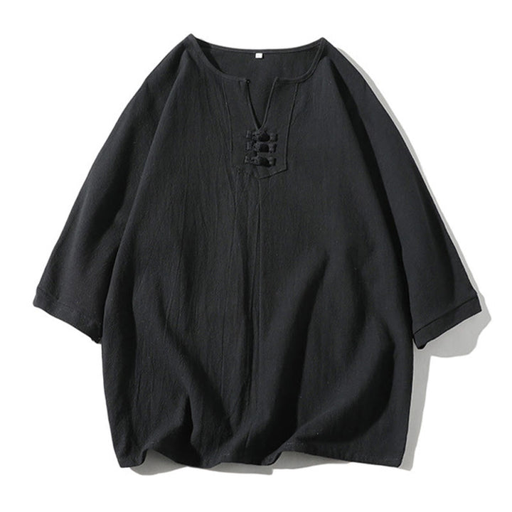 Conjunto de 2 Buddha Stones de camiseta con cuello entallado y pantalones cortos anchos de 7-8 pulgadas con bolsillos, de algodón y lino, para meditación de hombre.