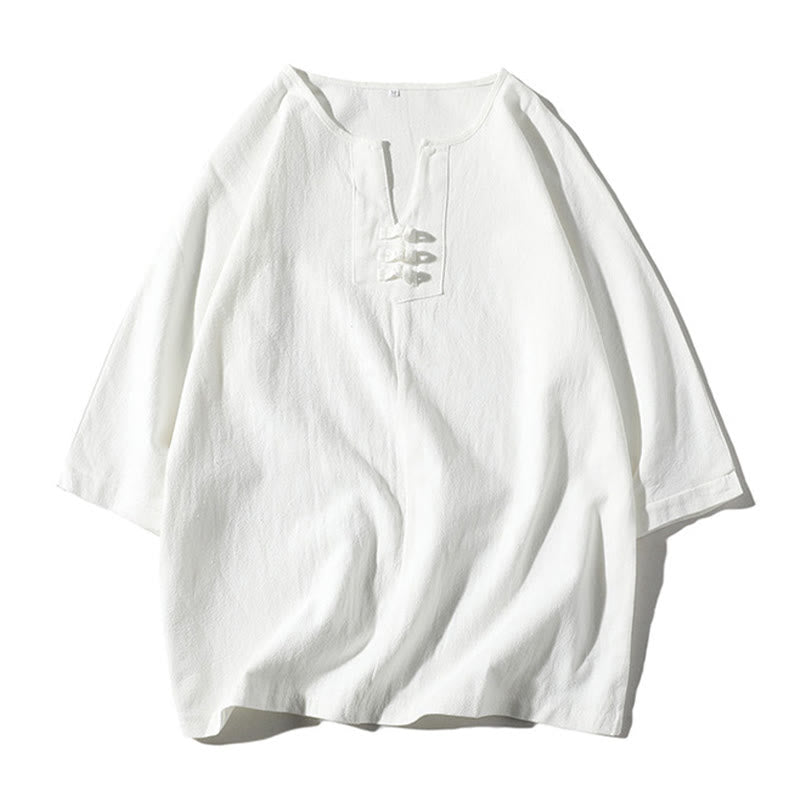 Conjunto de 2 Buddha Stones de camiseta con cuello entallado y pantalones cortos anchos de 7-8 pulgadas con bolsillos, de algodón y lino, para meditación de hombre.