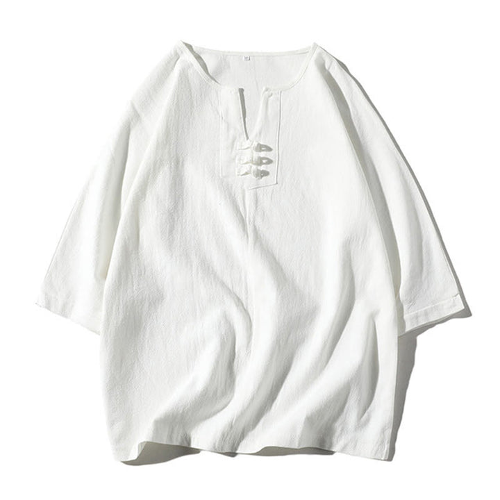 Conjunto de 2 Buddha Stones de camiseta con cuello entallado y pantalones cortos anchos de 7-8 pulgadas con bolsillos, de algodón y lino, para meditación de hombre.