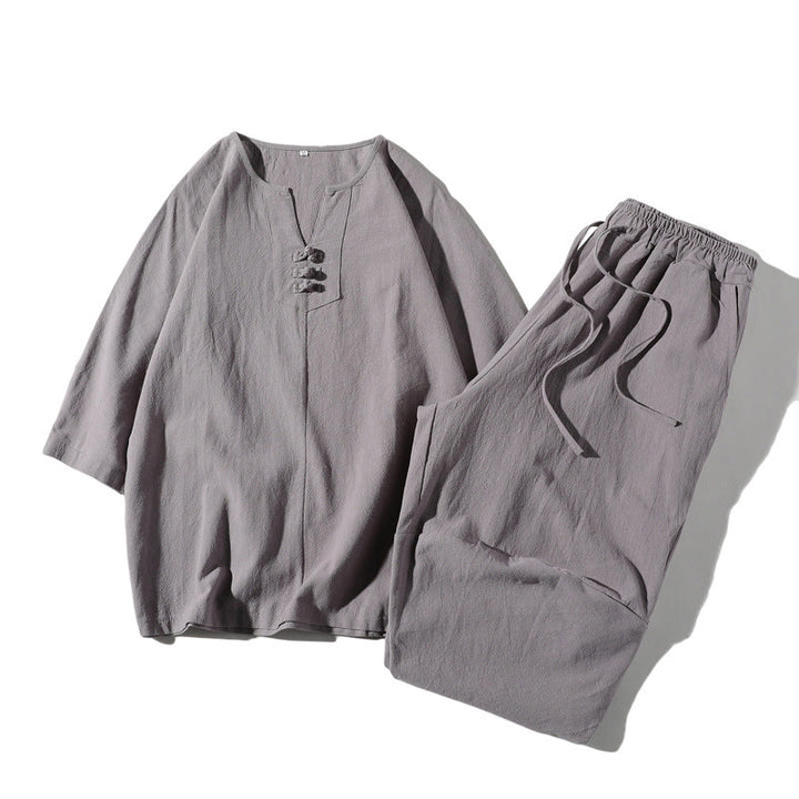 Conjunto de 2 Buddha Stones de camiseta con cuello entallado y pantalones cortos anchos de 7-8 pulgadas con bolsillos, de algodón y lino, para meditación de hombre.